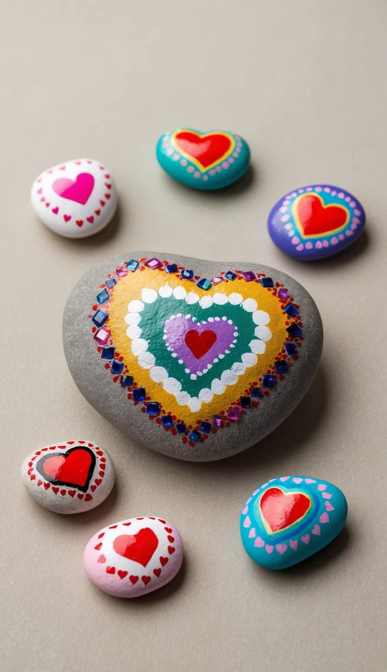 A heart-shaped rock with colorful gem-like patterns, surrounded by smaller rocks with various love-themed designs, set against a natural backdrop