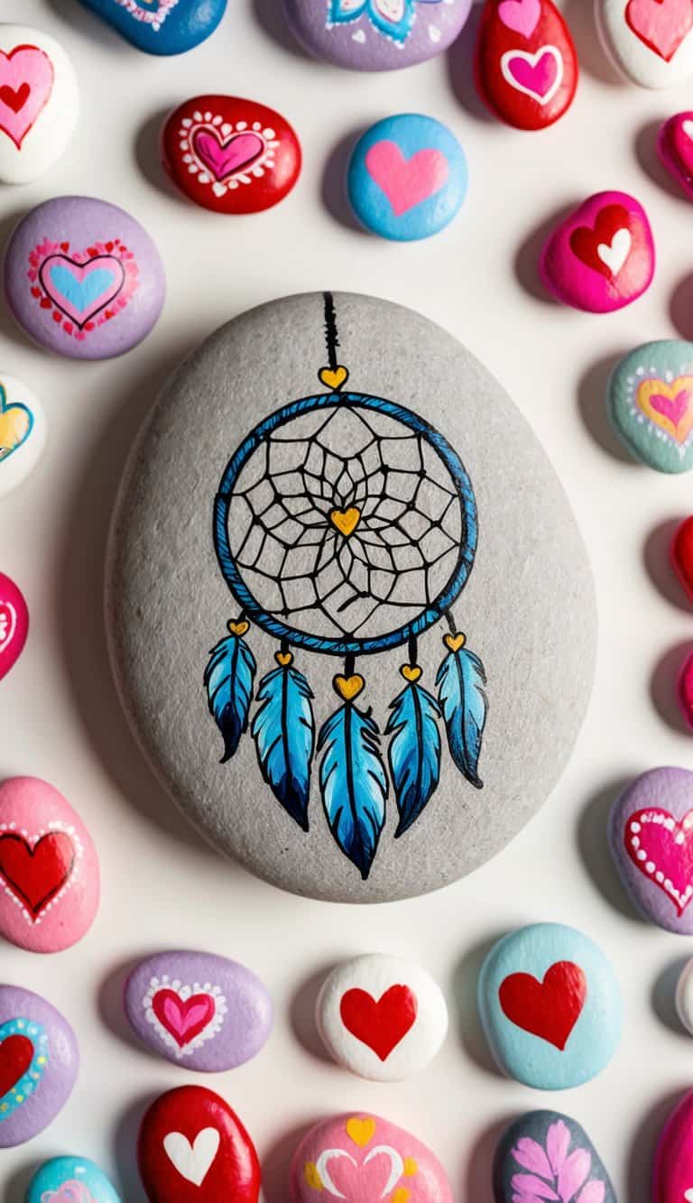 A dreamcatcher heart surrounded by 50 love-themed painted rocks, each with unique heartfelt designs