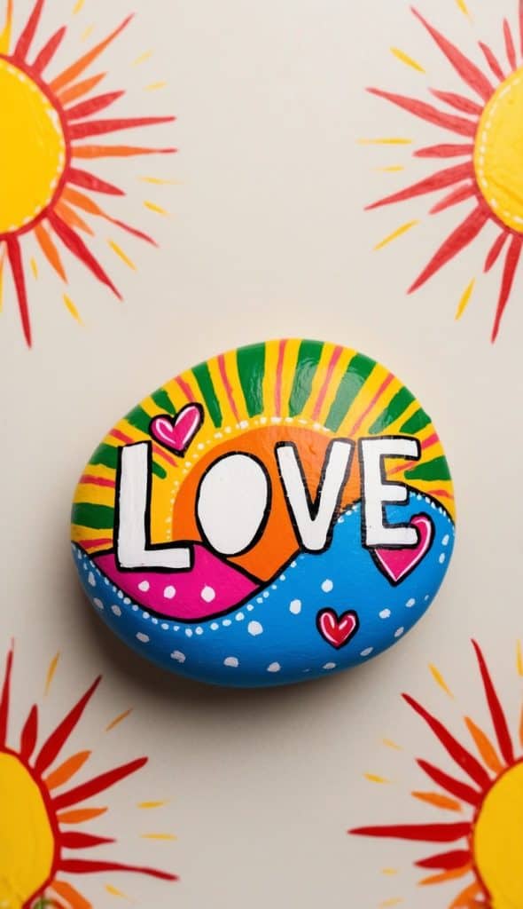 A painted rock with the word "LOVE," colorful patterns, and hearts is placed on a surface decorated with bright, stylized sun illustrations.