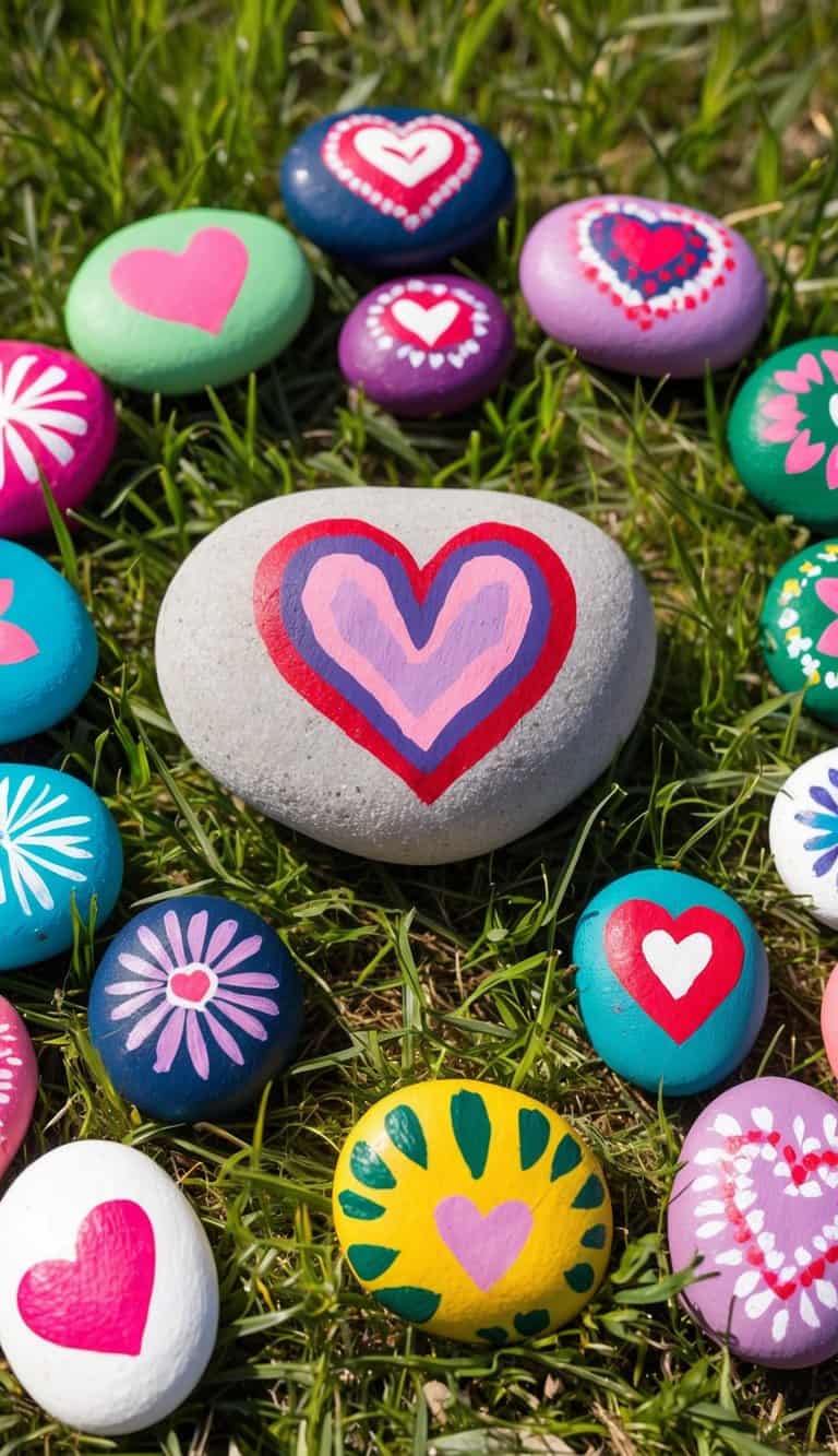 A collection of colorful painted rocks with various love-themed designs arranged in a heart shape on a grassy field