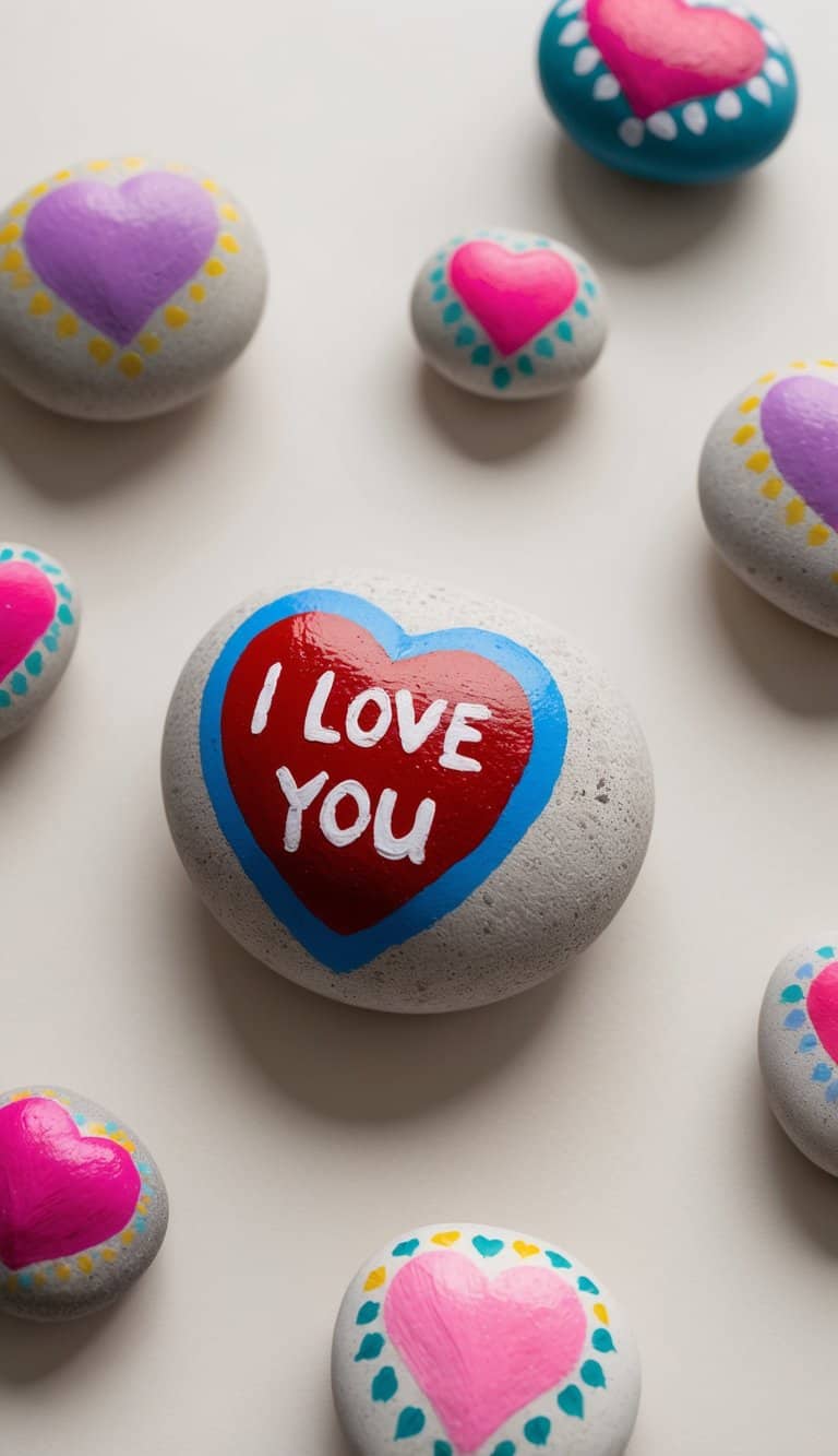 A heart-shaped rock with "I love you" painted on it, surrounded by smaller rocks with colorful love-themed designs