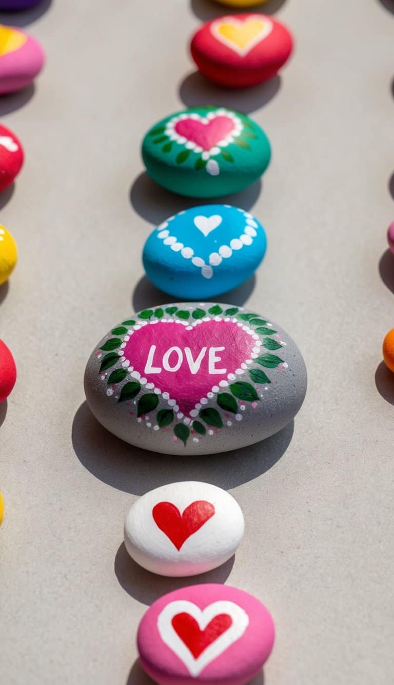 Colorful rocks with love-themed designs arranged in a garden