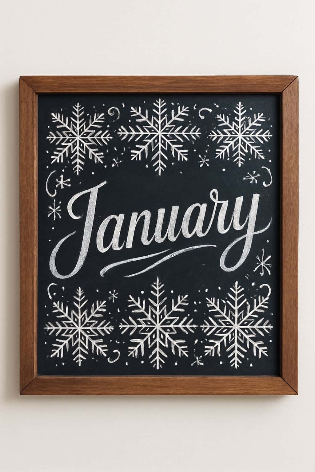 A wood-framed chalkboard sign with a snowflake border design and artistic lettering on a clean background.
