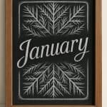 Chalkboard art in a wooden frame featuring the word "January" in cursive, surrounded by white chalk drawings of pine branches on a black background.