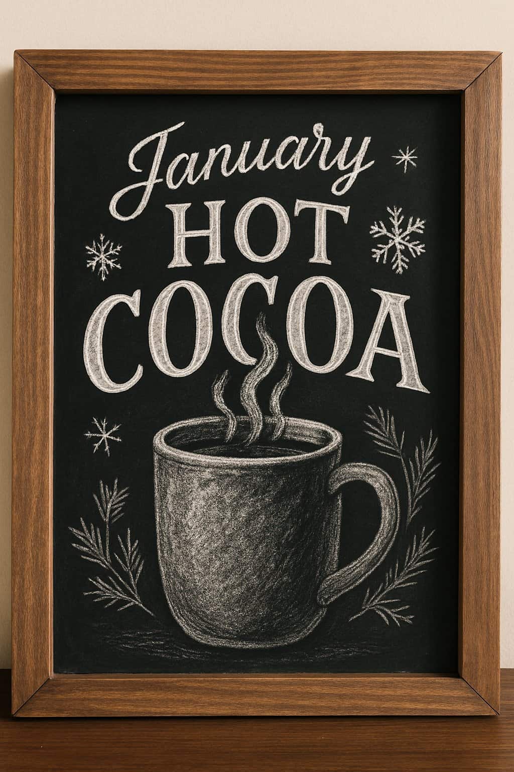 A wood framed chalkboard sign displaying a drawing of a steaming hot cocoa mug with winter-themed decorations.