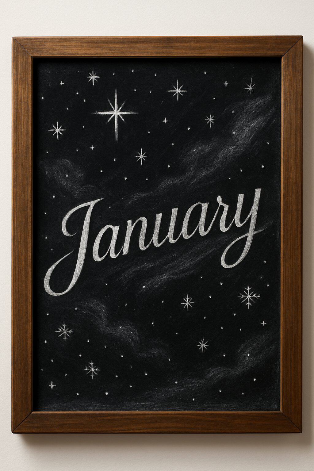 A wood framed chalkboard sign featuring artistic star and snowflake designs on a dark background.