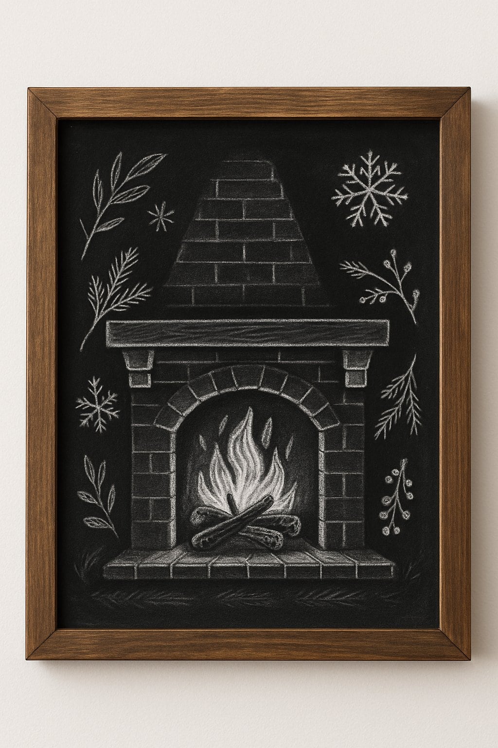 A wood framed chalkboard sign displaying a detailed chalk sketch of a cozy fireplace with winter-themed decorations.