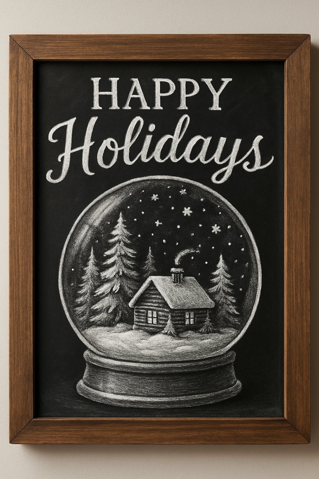 A snow globe with a holiday scene inside, including snow-covered trees, a cabin, and falling snow, displayed on a wood-framed chalkboard.