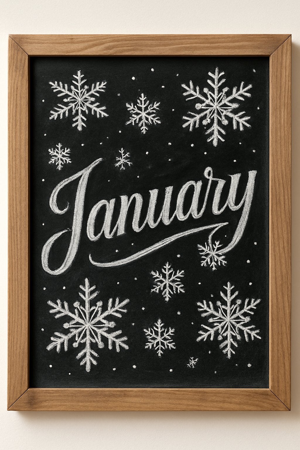 A wood framed chalkboard sign decorated with snowflake designs and winter-themed artwork.