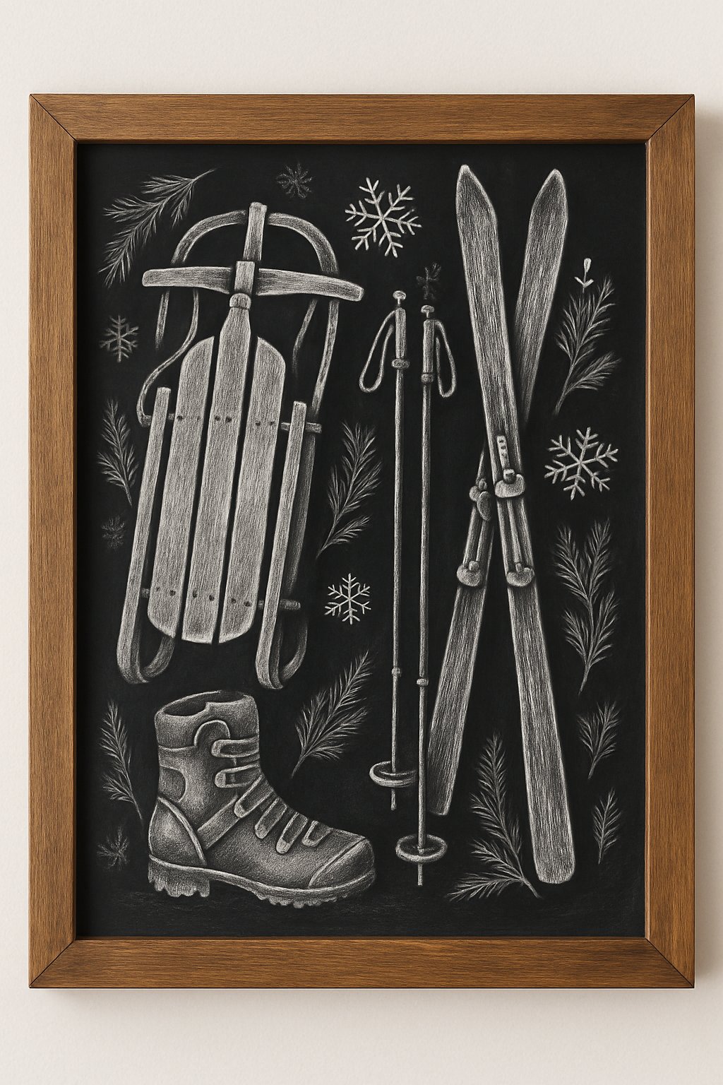 A wood-framed chalkboard displaying hand-drawn sled and ski gear icons with winter-themed decorations on a clean background.