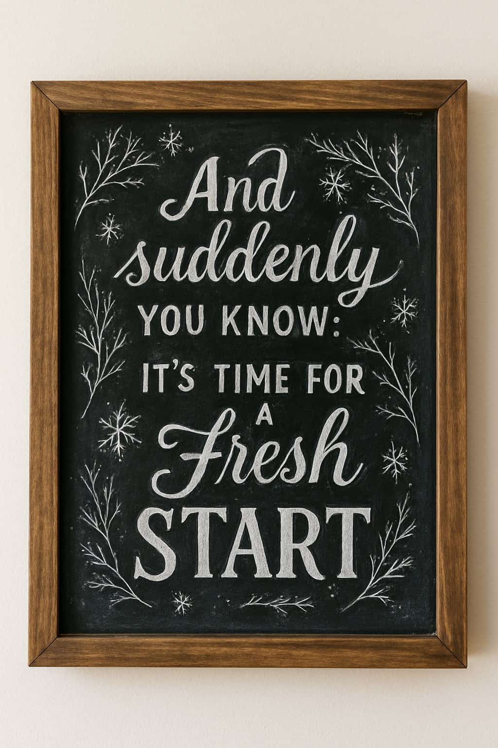 A wood framed chalkboard sign displayed with natural light, surrounded by subtle winter branches and a clean background.