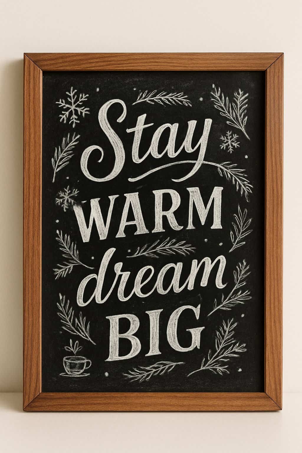 A wood framed chalkboard sign with artistic lettering surrounded by winter-themed decorations on a clean surface.