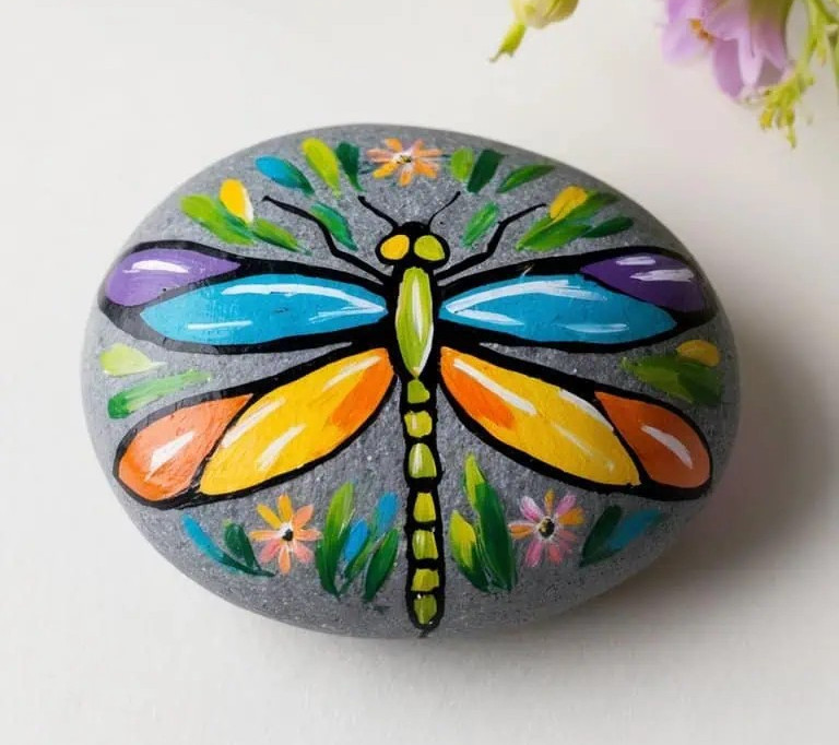 A smooth gray stone painted with a colorful dragonfly, featuring blue, green, yellow, orange, and purple wings, surrounded by small flowers and green leaves. The stone is placed on a white surface.