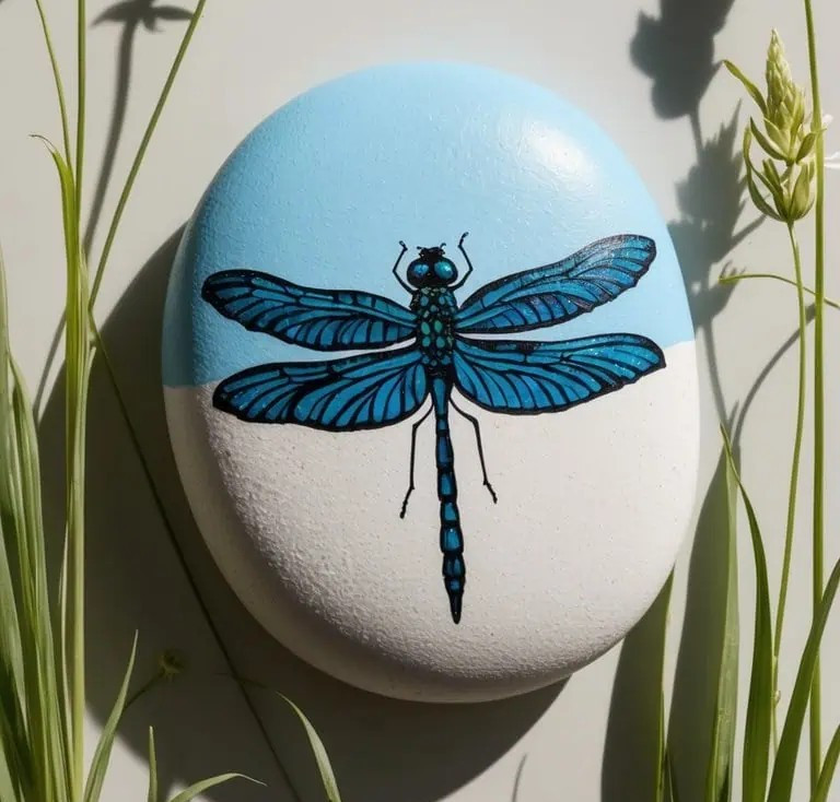 A smooth oval stone painted half blue and half white, featuring a detailed illustration of a blue dragonfly with outstretched wings. Blades of grass frame the stone.