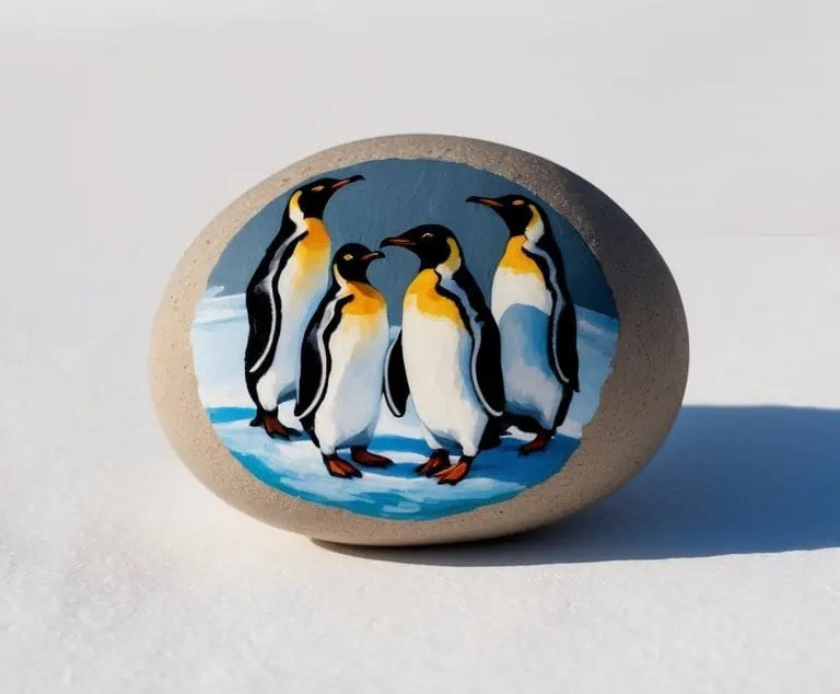 A smooth rock painted with a detailed image of four emperor penguins standing together on ice against a blue background.