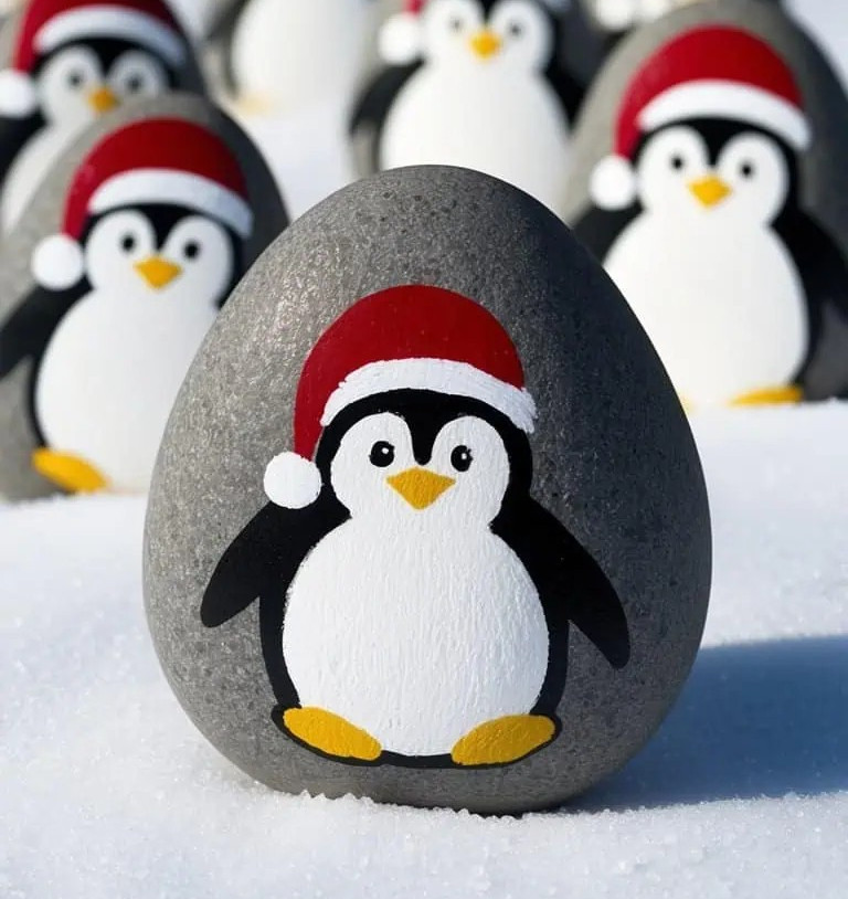 A group of smooth stones painted as penguins wearing red Santa hats are arranged on snow, with one prominent stone in the foreground and several others blurred in the background.