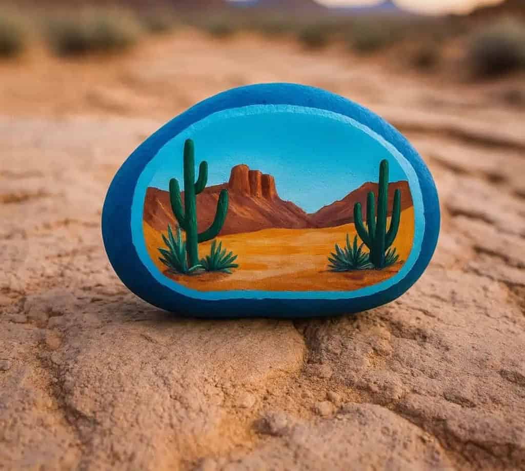 A painted rock features a desert scene with two green cacti, sandy ground, and red rock formations against a blue sky, placed on dry, cracked earth.