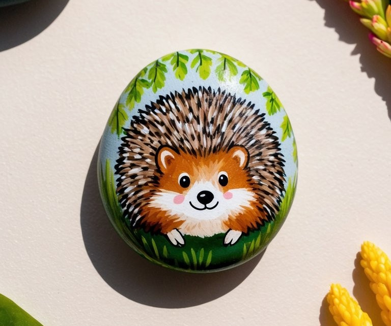 A smooth rock painted with a cute, cartoon-style hedgehog surrounded by green leaves and grass, set against a light background with small decorative plants nearby.