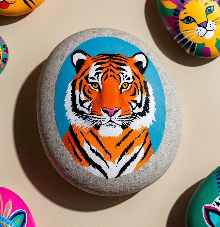 A smooth gray oval stone features a detailed, colorful painting of a tiger’s face on a blue background, surrounded by other stones painted with various animal faces.