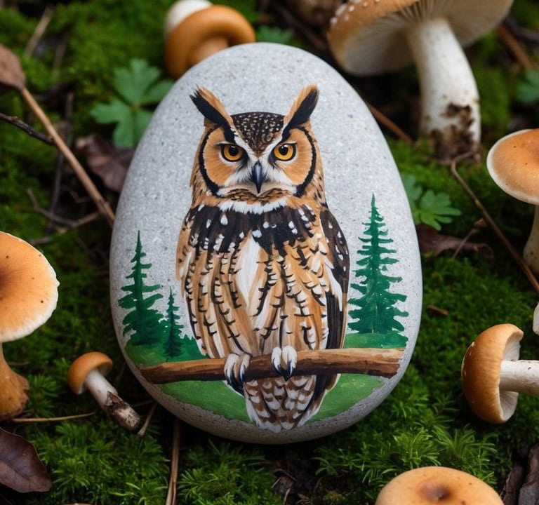 A painted owl on a rock surrounded by mushrooms.