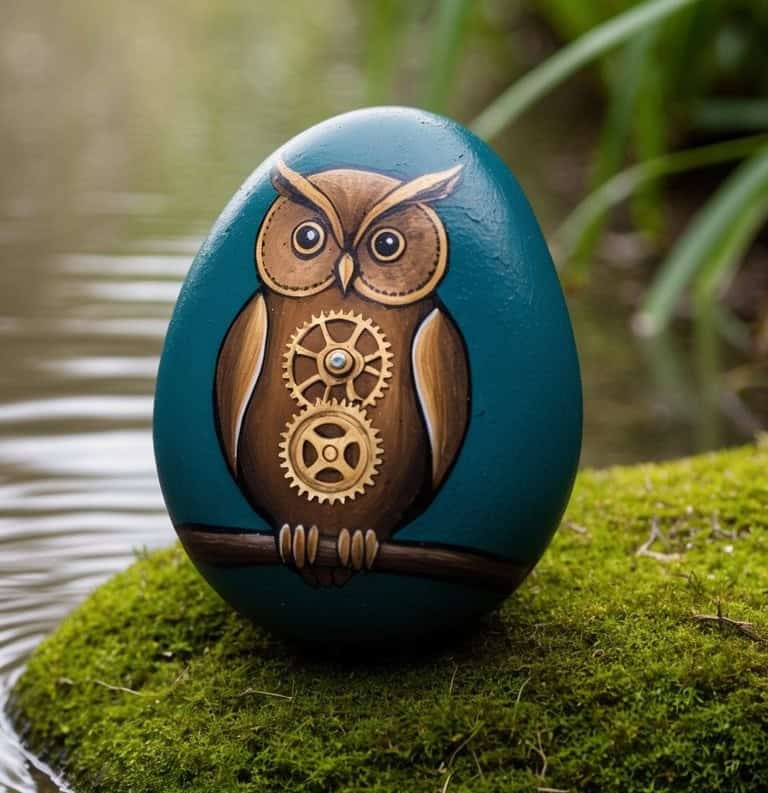 A painted rock shaped like an egg features an owl with gears for its chest, blending natural and steampunk styles. The rock sits on green moss beside a pond, with plants in the background.