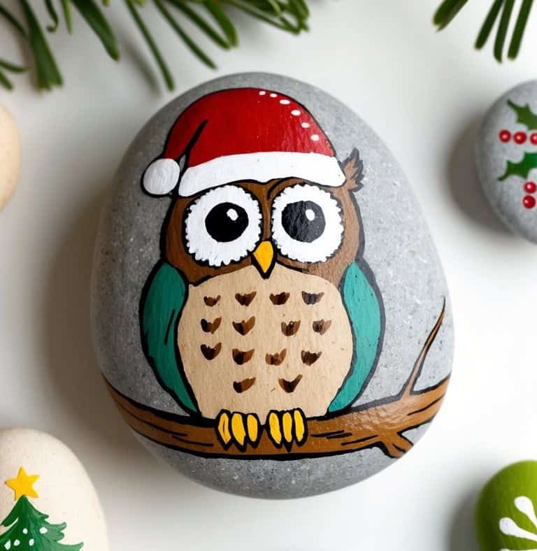 A smooth gray stone painted with a cartoon owl wearing a red Santa hat, perched on a branch. Other painted stones with festive designs, like a Christmas tree and holly, surround it.