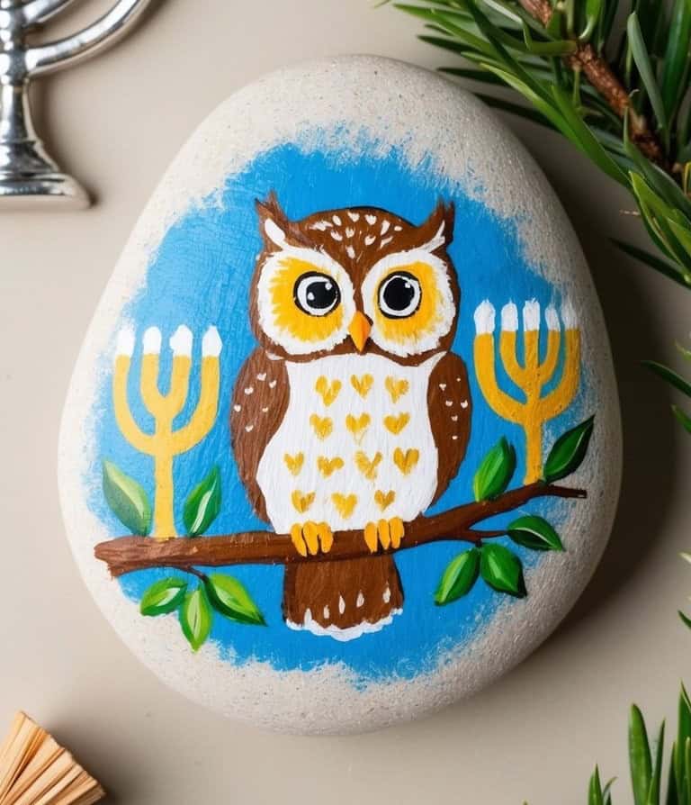 A painted stone features a brown owl with yellow accents sitting on a branch, surrounded by two menorahs, against a blue background. Green leaves and small festive decorations appear nearby.