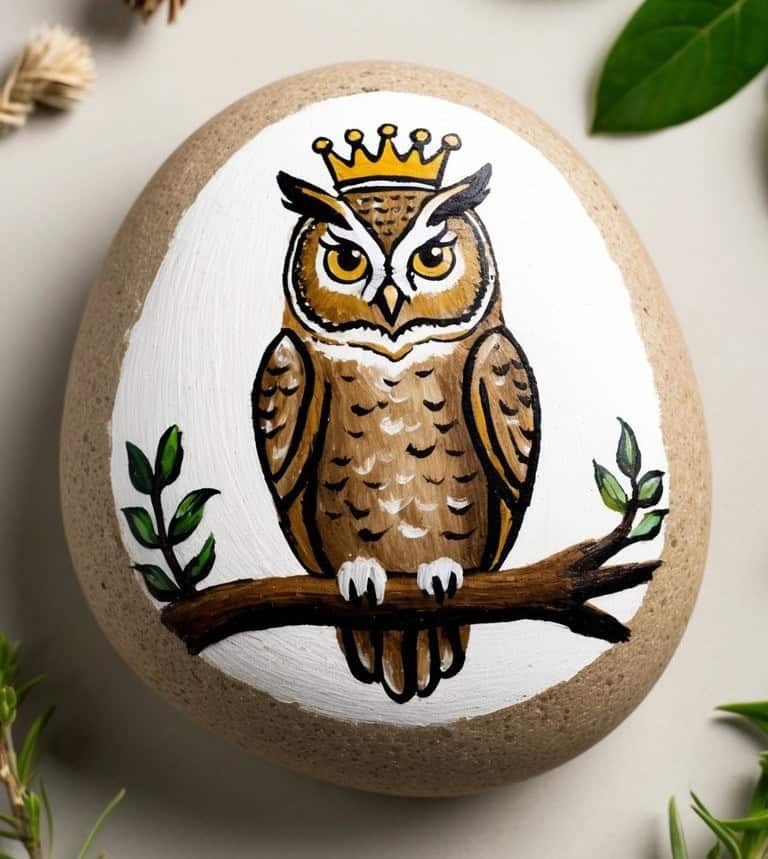 A smooth stone painted with an owl wearing a golden crown, perched on a branch with green leaves. The background includes scattered green leaves and plant materials.
