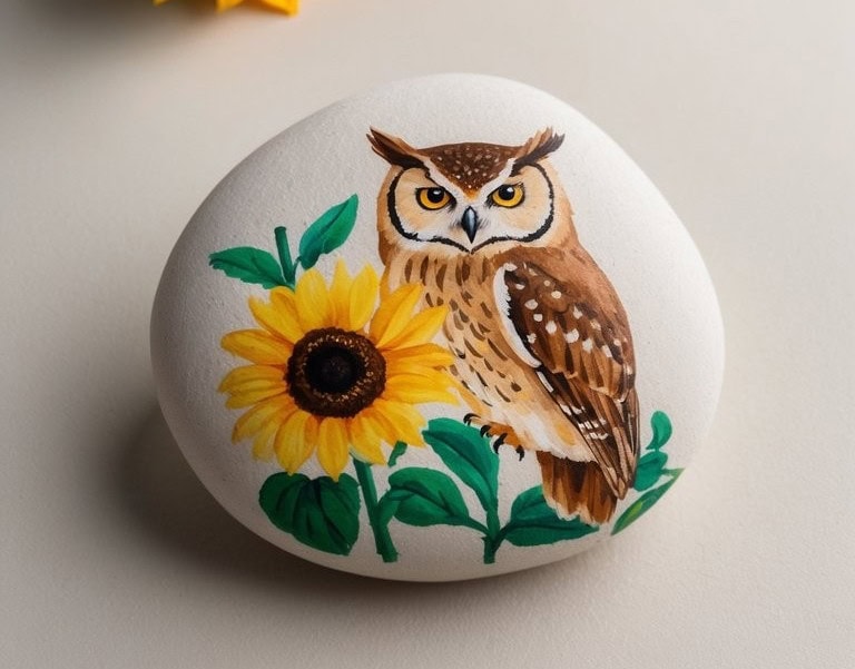 A smooth white stone painted with a detailed brown owl and a bright yellow sunflower, surrounded by green leaves, resting on a light surface.
