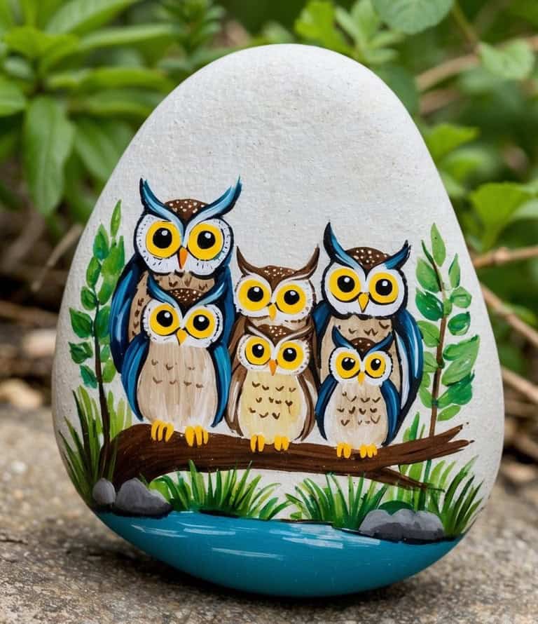 A smooth stone painted with six colorful owls sitting on a branch by water, surrounded by green plants. The stone is placed outdoors, with leaves and soil visible in the background.