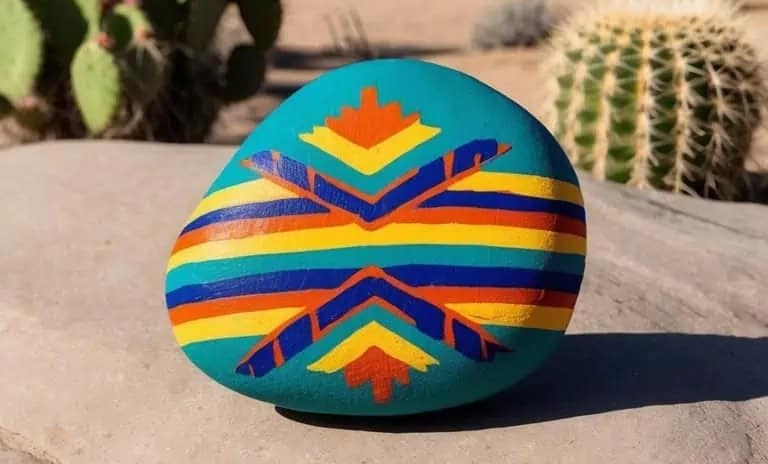 A smooth rock painted with colorful geometric patterns in blue, orange, yellow, and teal sits on sand, with cacti and desert plants in the background.