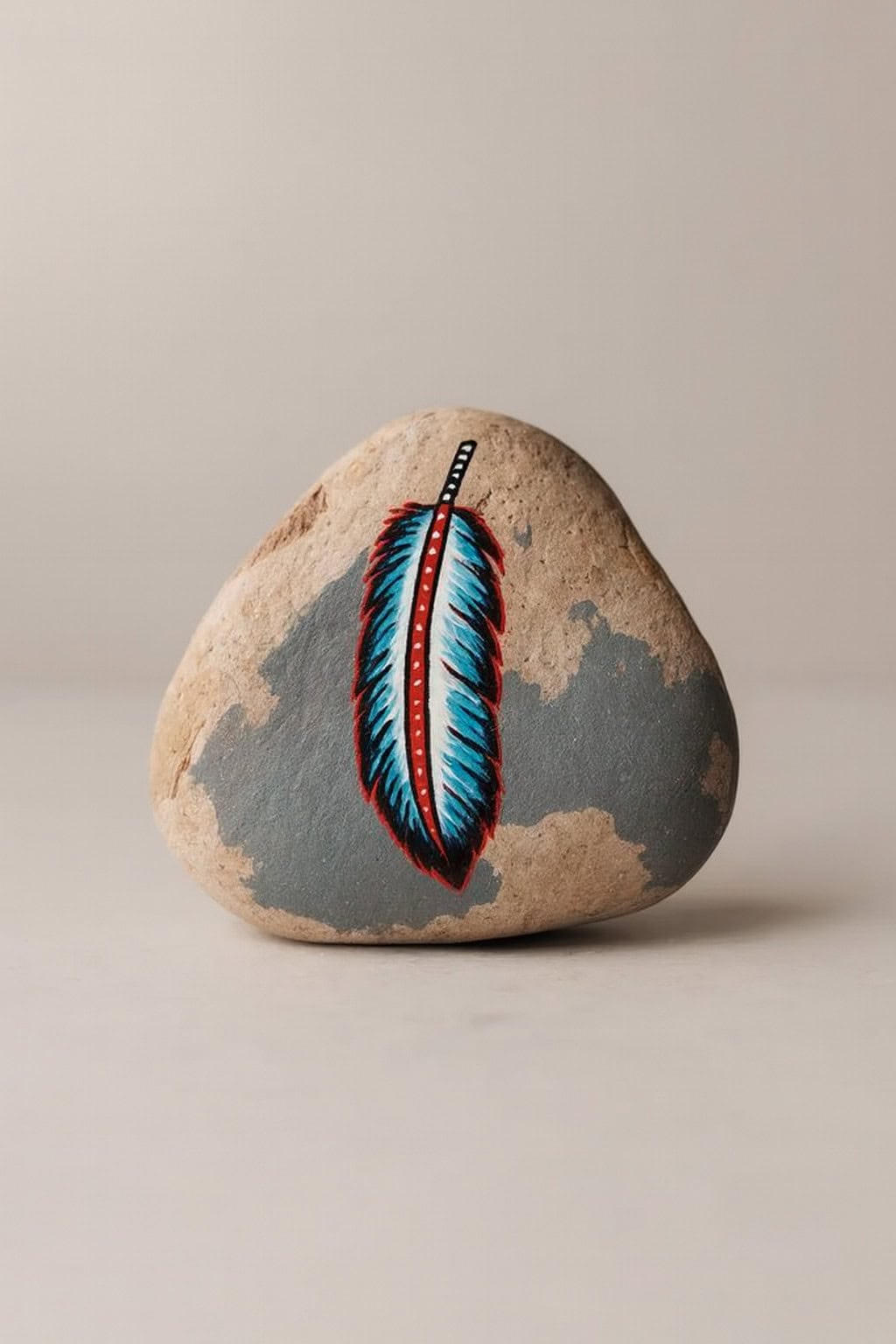 A smooth, light brown rock rests on a neutral background. The rock features a painted design of a blue and red feather with black and white accents on one side.