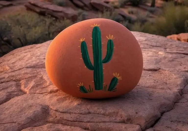 A smooth, oval-shaped rock sits on a larger flat stone. The rock is painted with a green cactus and small yellow flowers, blending with the desert landscape in the background.