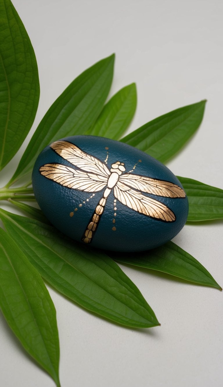 A dragonfly painted rock glistens with metallic hues, perched on a bed of vibrant green leaves