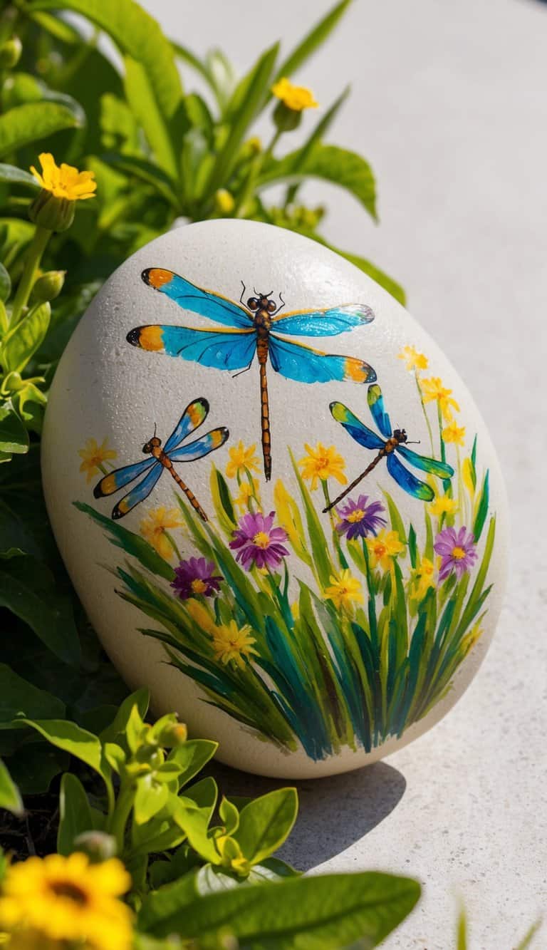 Dragonflies flit among vibrant flowers in a lush garden, their delicate wings shimmering in the sunlight