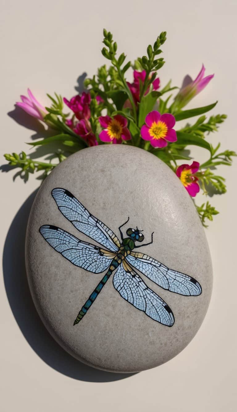 A dragonfly with intricate wing textures, surrounded by vibrant flowers and foliage