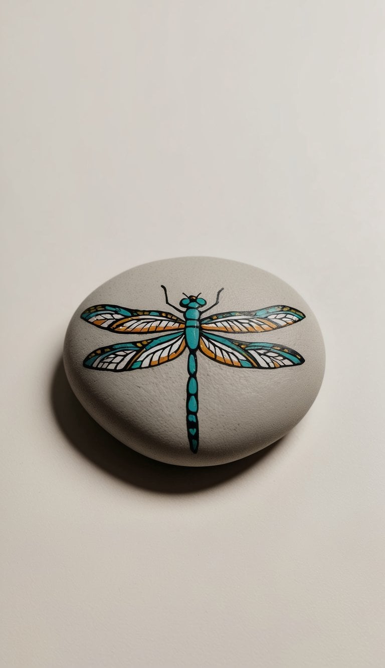 A dragonfly painted rock with intricate geometric patterns