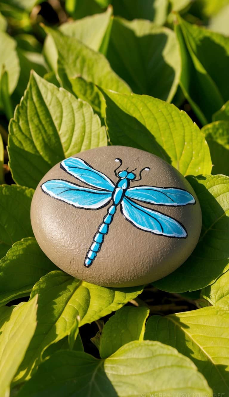 A dragonfly painted rock resting on a bed of vibrant green leaves, with the sun casting a warm glow on the scene