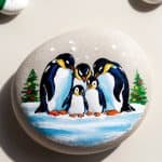 A painted rock shows four penguins—two adults and two chicks—standing on ice with decorated trees in the background, surrounded by smaller stones painted as penguins in colorful winter hats and scarves.