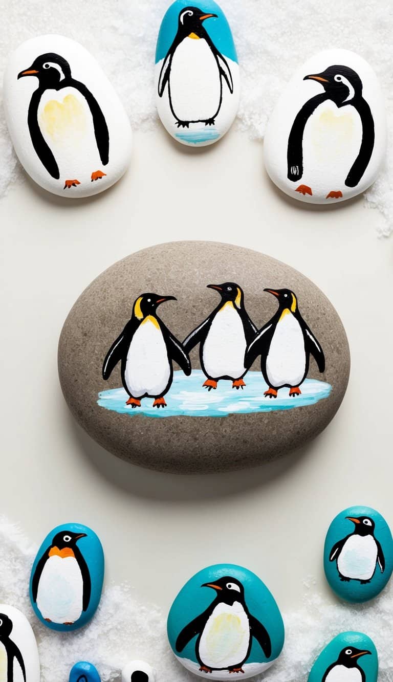 A group of penguins gracefully ice skate on a frozen pond, surrounded by whimsically painted rocks featuring various penguin designs
