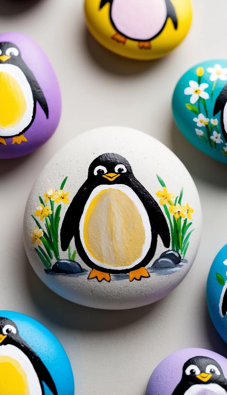 A chubby penguin waddling through a blooming spring garden, surrounded by colorful painted rocks with penguin designs
