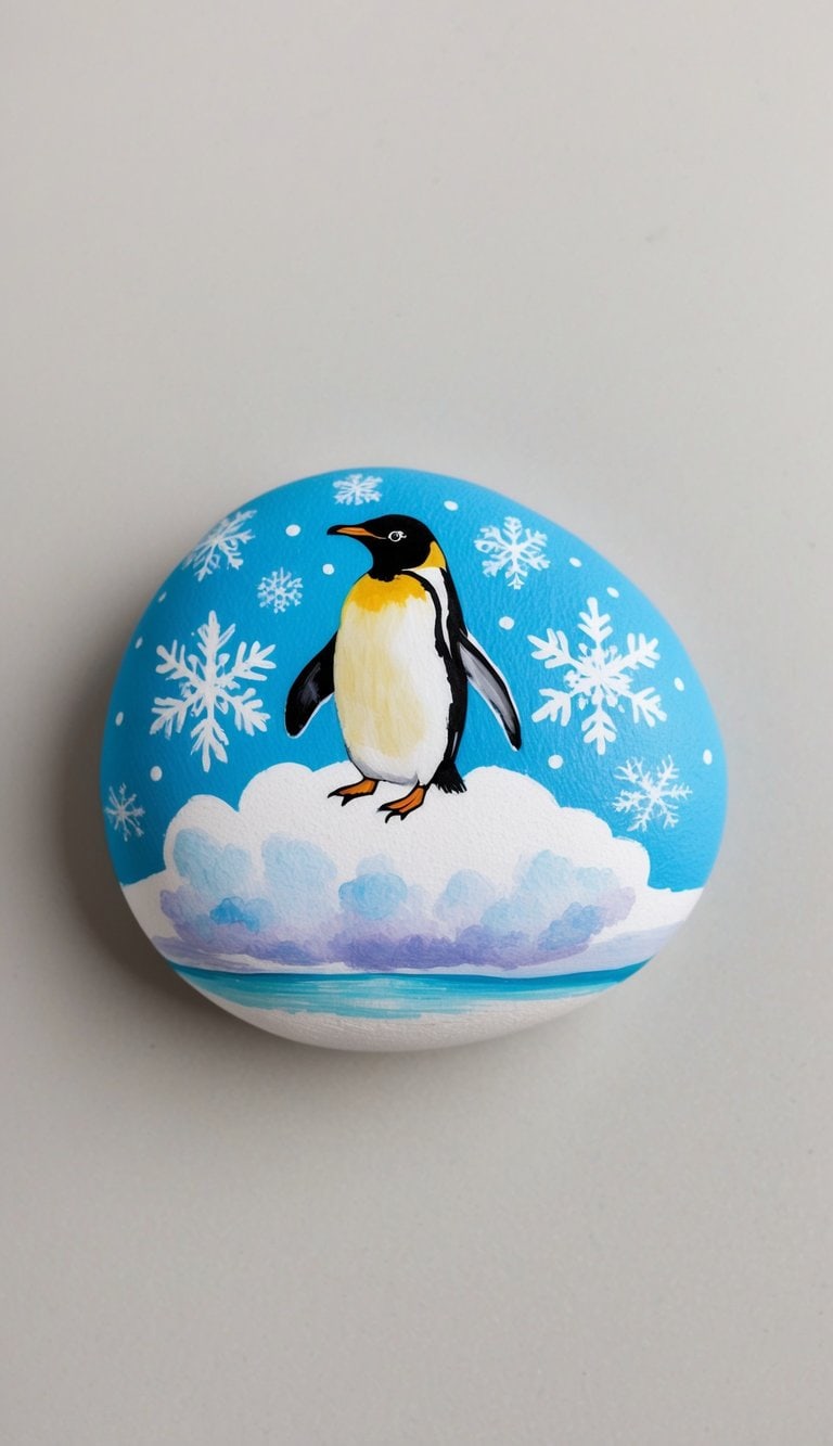 A penguin perched on a fluffy white cloud, surrounded by snowflakes and icy blue sky