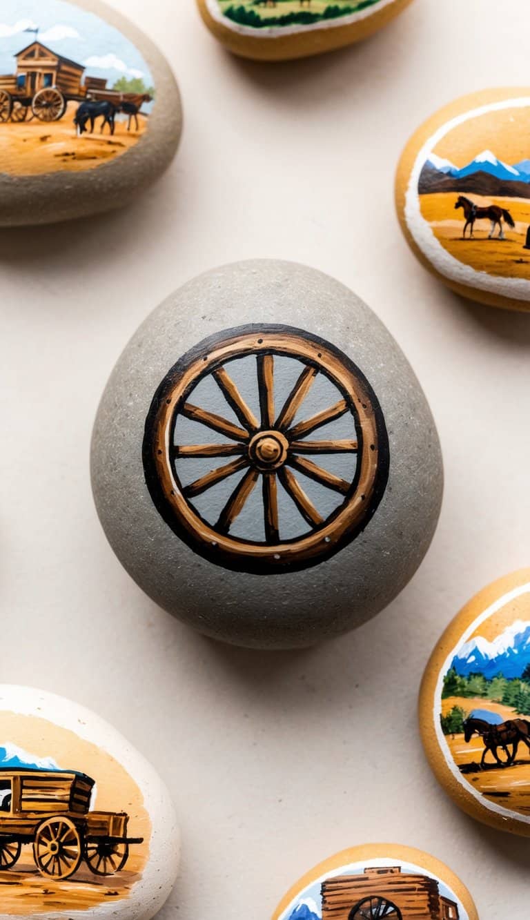 Old wagon wheels rock in a rustic western setting, surrounded by painted rocks depicting western scenes