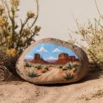 A rock in a desert landscape, painted with a scene of Monument Valley, showing red rock formations, desert plants, and a dirt road under a blue sky with clouds.