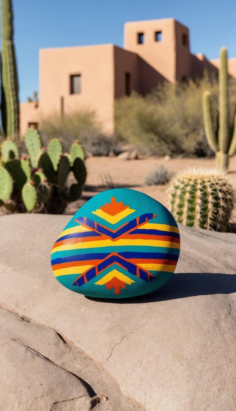 A desert landscape with cacti, adobe buildings, and a rocky terrain featuring Southwestern geometric patterns in vibrant colors