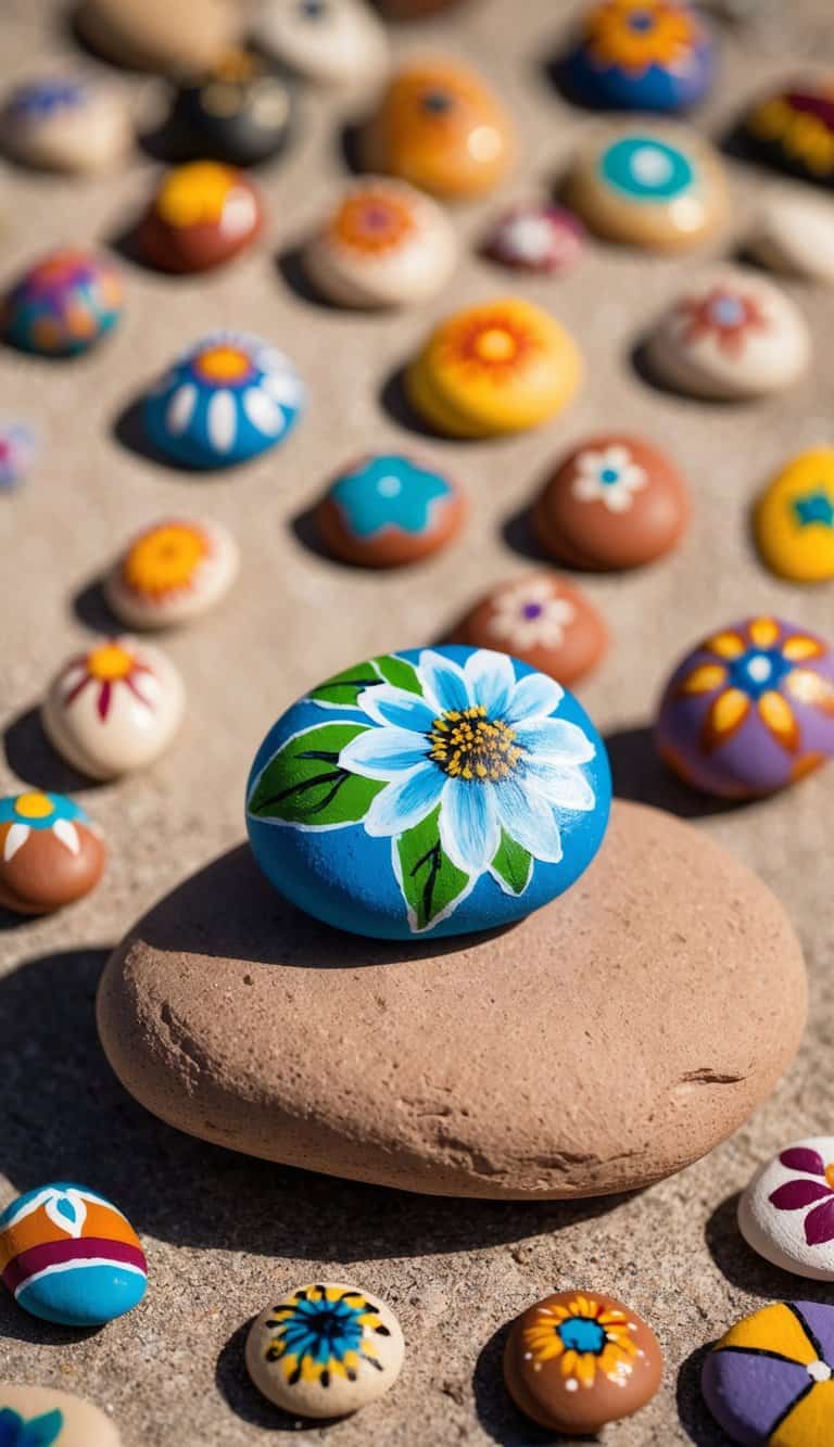 A desert flower blooms on a rugged rock, surrounded by 50 western painted rock designs