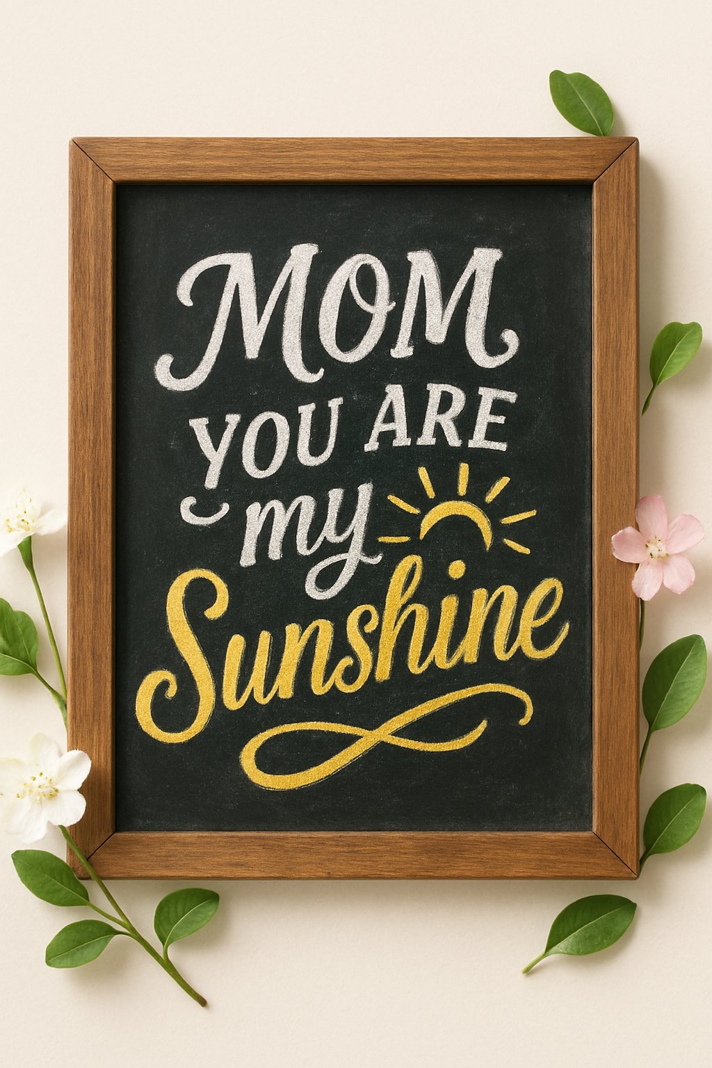 A wood-framed chalkboard sign with decorative cursive writing surrounded by spring flowers and greenery on a plain background.