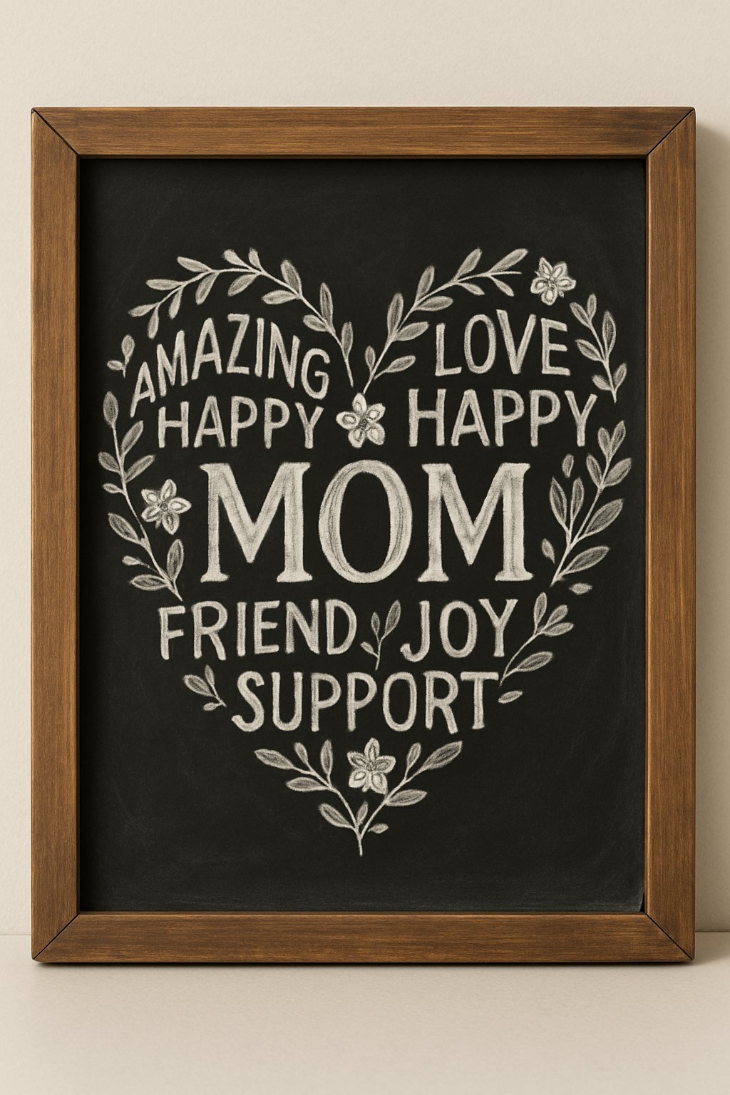 A wood framed chalkboard sign displaying a heart-shaped wreath made of mom-related words and decorative floral accents.