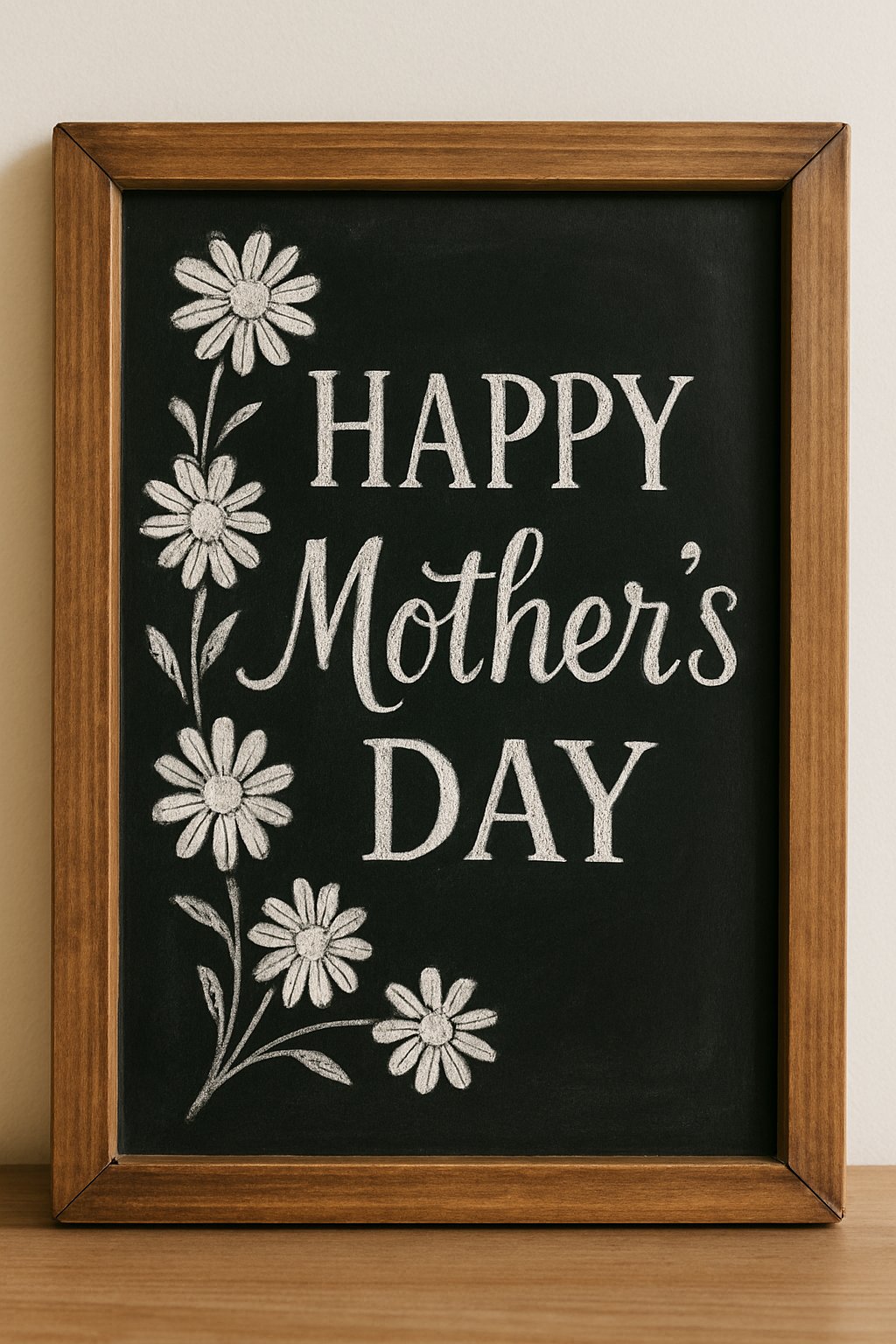 A wood framed chalkboard sign decorated with simple daisies along the side and artistic lettering on the board.
