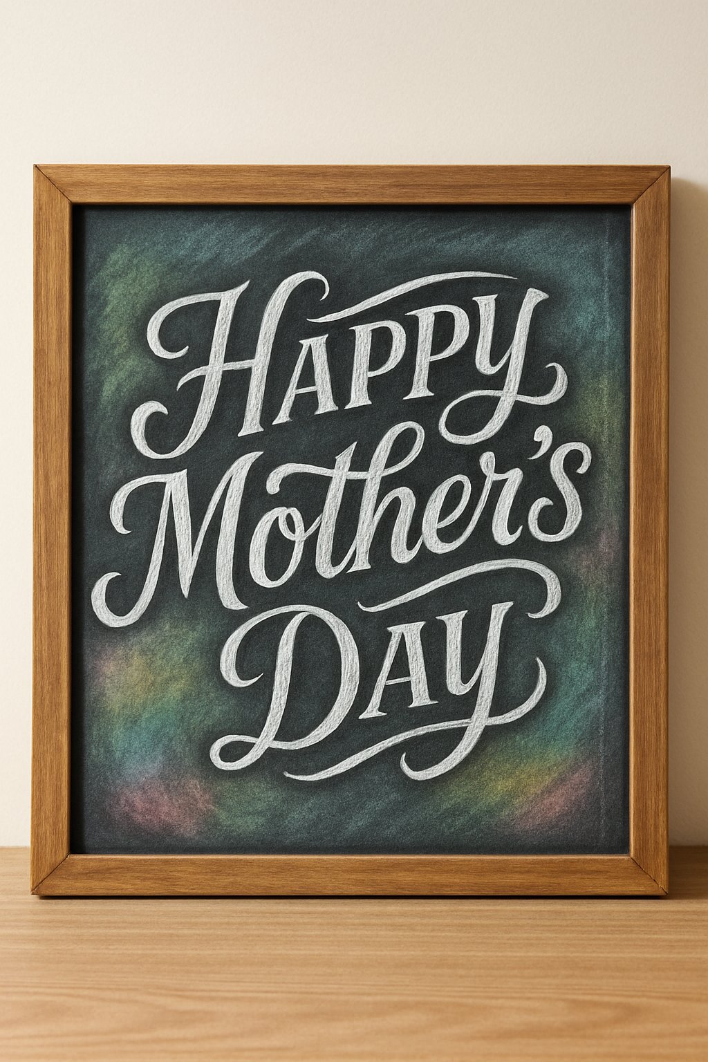 A wood-framed chalkboard sign with artistic chalkboard art on a clean background illuminated by natural light.